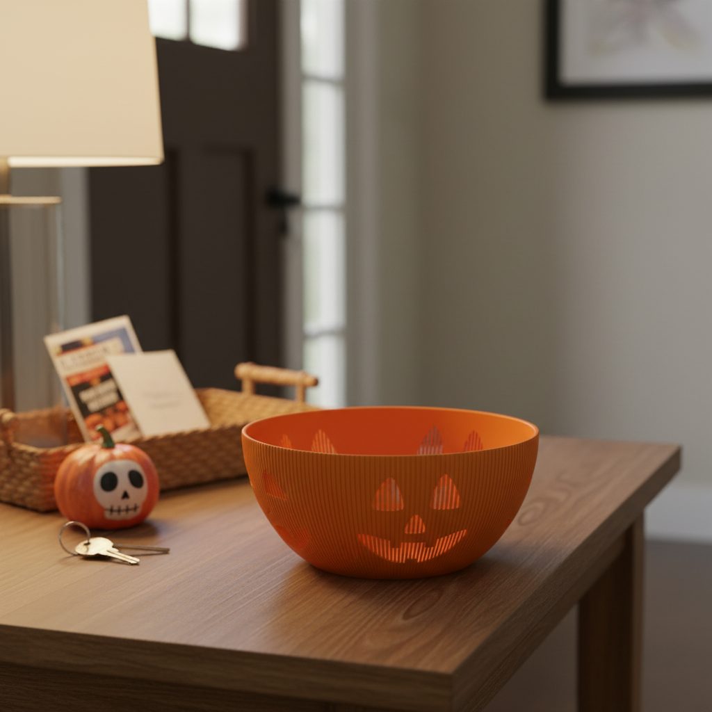 Halloween Candy Serving Bowl, 3D Printed Treat Dish, Orange Trick Or Treat Decor
